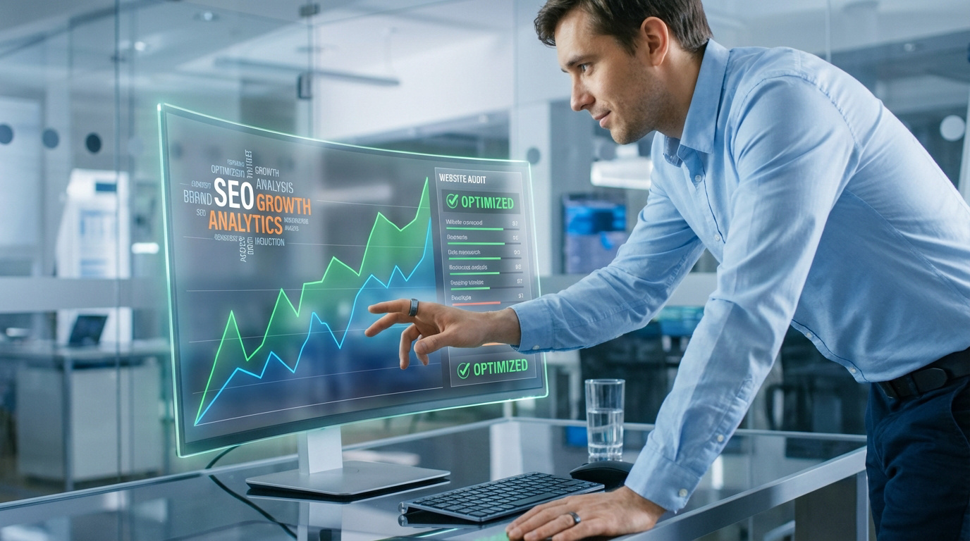 Un homme interagit avec un écran transparent affichant des graphiques SEO, d'analyse et de croissance web dans un bureau moderne.
