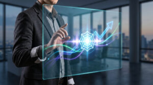 Homme en costume interagissant avec un écran holographique affichant une toile d'araignée, une flèche de croissance et des courbes lumineuses, symbolisant le boost SEO et la stratégie digitale.
