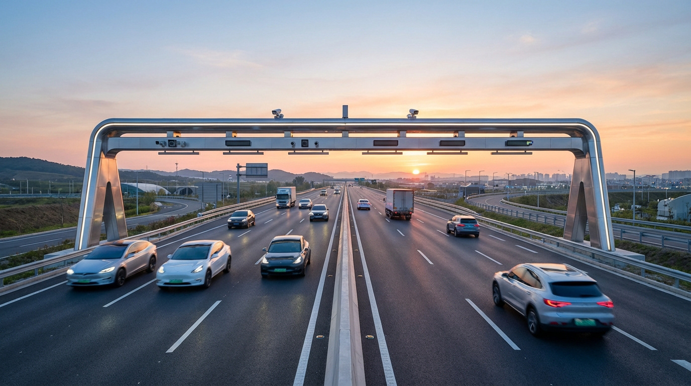 Autoroute moderne avec portique de péage en flux libre sous un ciel coloré de crépuscule, des véhicules y circulent.