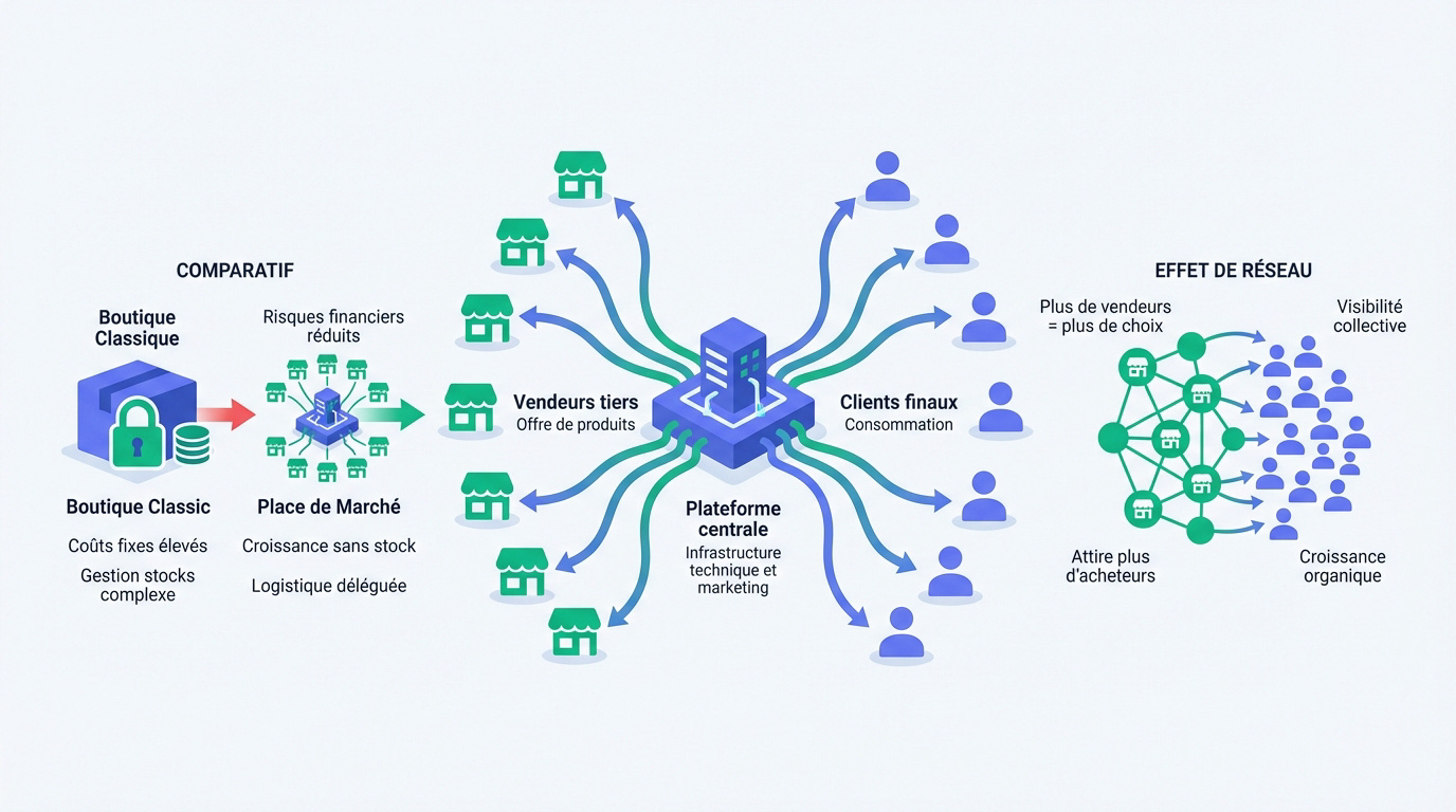 Comparaison entre le mod&egrave;le &eacute;conomique d'une place de march&eacute; et d'une boutique en ligne classique