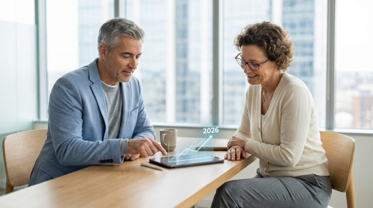 Deux personnes, un homme et une femme, discutent de planification financière avec un graphique de projection 2026 sur une tablette.