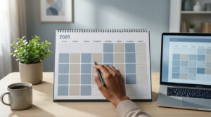 Main planifiant un calendrier de bureau 2026 avec un stylo, un ordinateur portable et une tasse de café sur une table en bois.