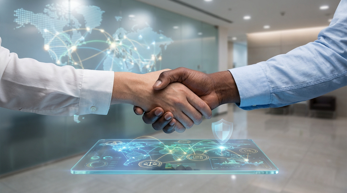 Deux personnes se serrent la main devant une carte du monde numérique et une tablette holographique avec des données. Représente le commerce international.