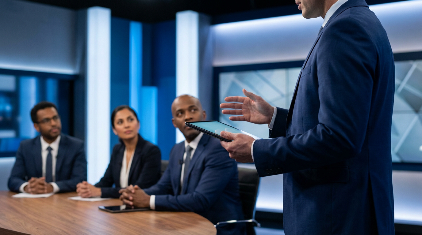 Un homme en costume présente son projet avec une tablette devant trois investisseurs attentifs, dont une femme, dans un studio TV moderne.
