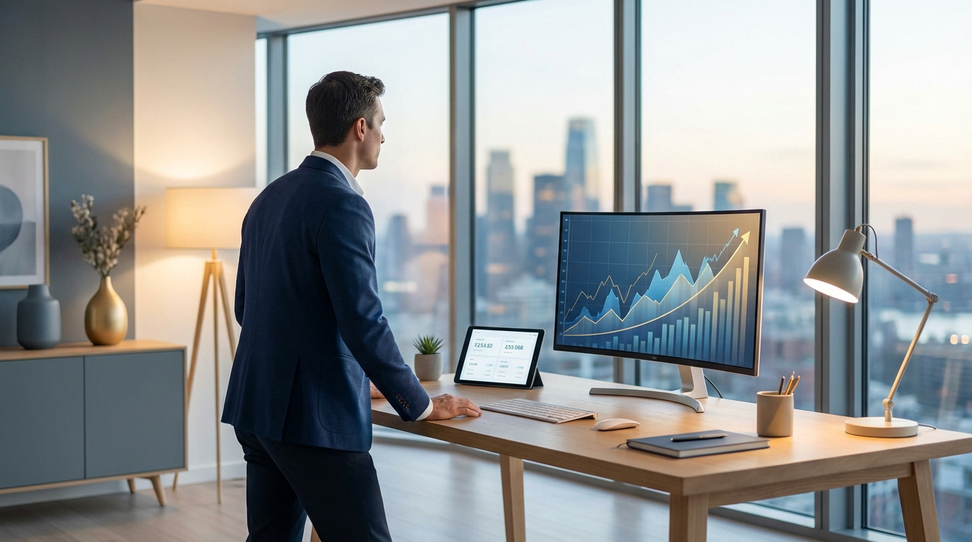 Un expert-comptable visualise des données financières sur un écran et une tablette, symbolisant la planification et l'analyse.
