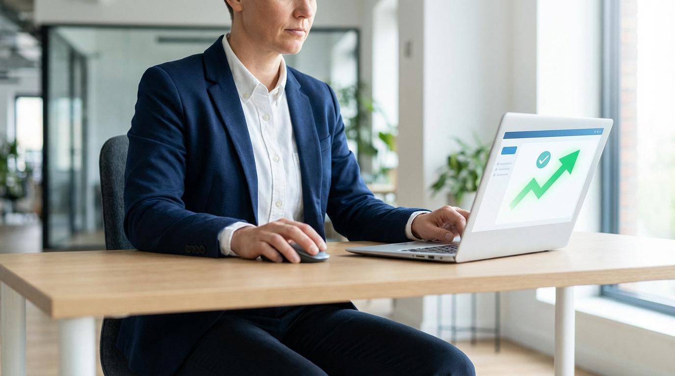 Une professionnelle en costume travaille sur un laptop. L'écran affiche une flèche verte ascendante et un coche, symbolisant le succès.