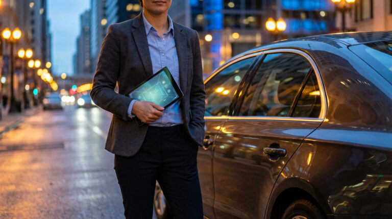 Personne en tenue professionnelle tenant une tablette numérique avec un écran lumineux, debout près d'une berline sur une rue urbaine au crépuscule.
