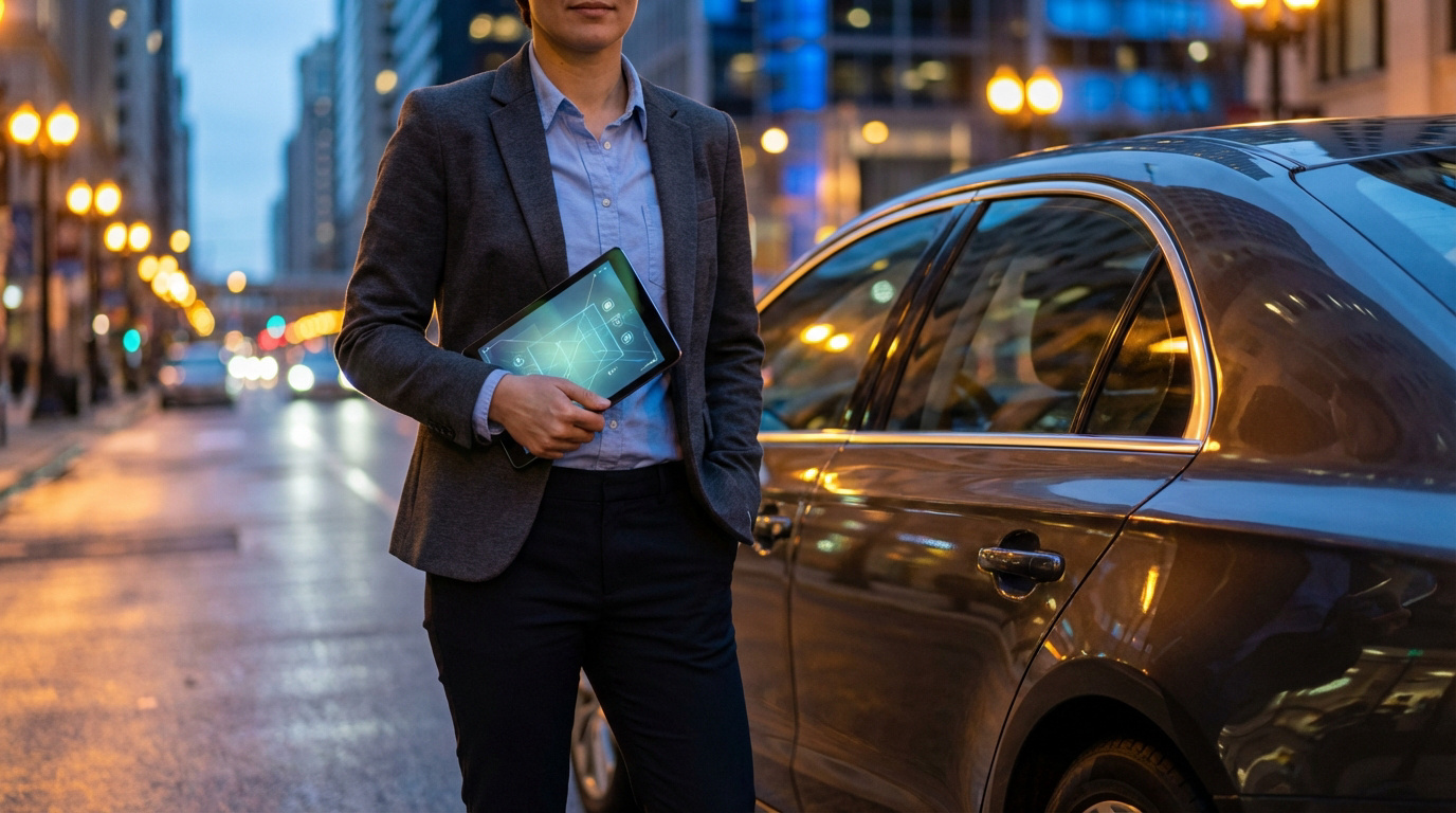 Personne en tenue professionnelle tenant une tablette numérique avec un écran lumineux, debout près d'une berline sur une rue urbaine au crépuscule.