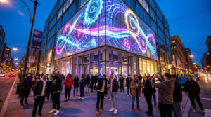 Vue de nuit d'un bâtiment moderne avec une projection lumineuse vibrante sur sa façade en verre. Des personnes observent et photographient l'installation d'art numérique.