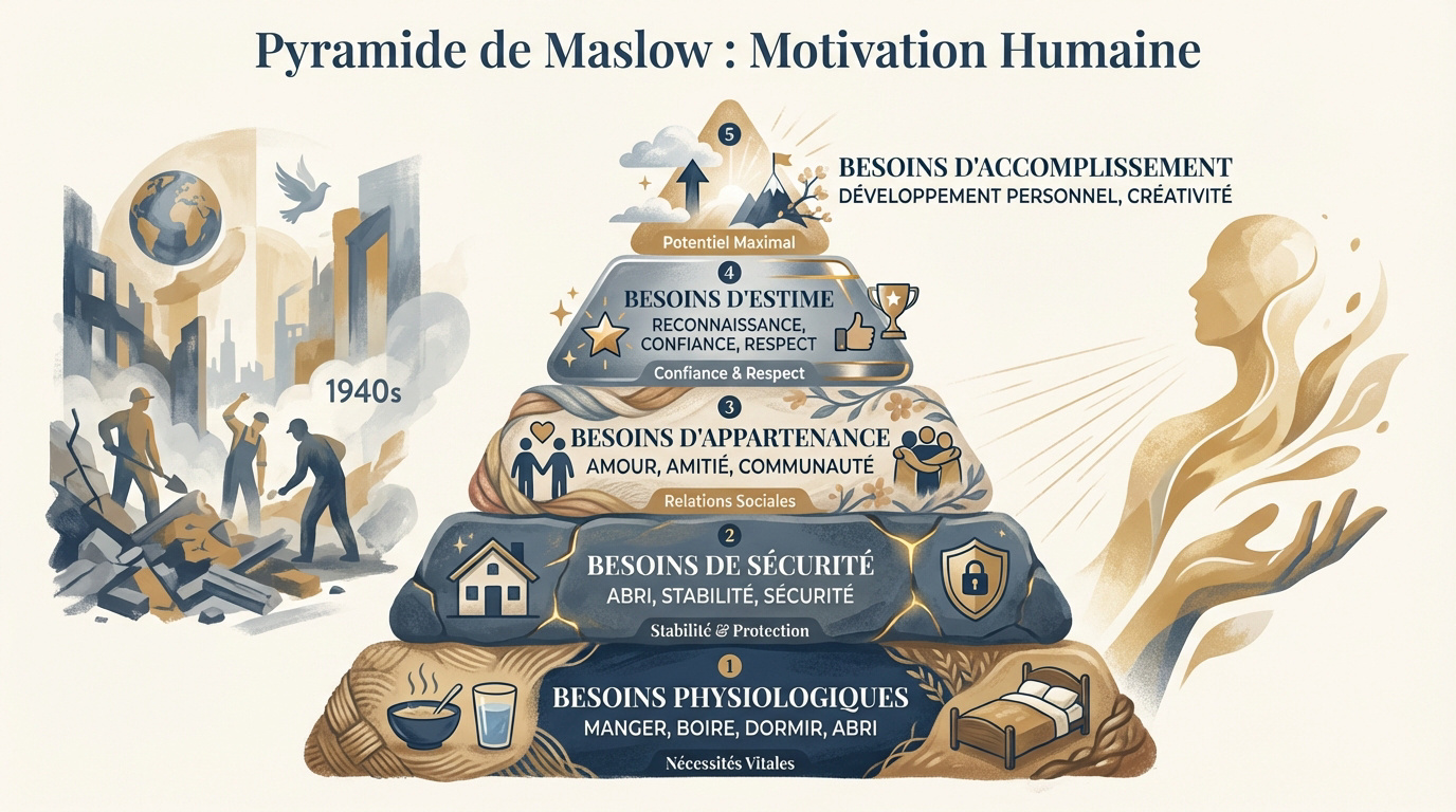 Illustration de la pyramide de Maslow montrant la hiérarchie des besoins humains