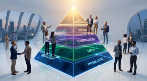 Scène d'entreprise avec la pyramide des besoins de Maslow éclairée, entourée d'employés divers interagissant dans un bureau vitré.