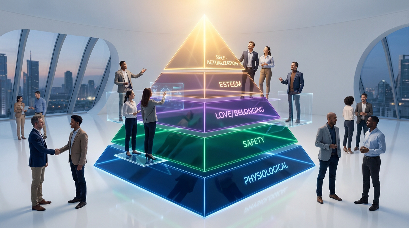 Scène d'entreprise avec la pyramide des besoins de Maslow éclairée, entourée d'employés divers interagissant dans un bureau vitré.
