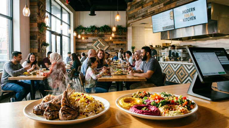 Des clients souriants dégustent des plats halal dans un restaurant moderne et lumineux. En premier plan, côtelettes d'agneau et houmous variés.
