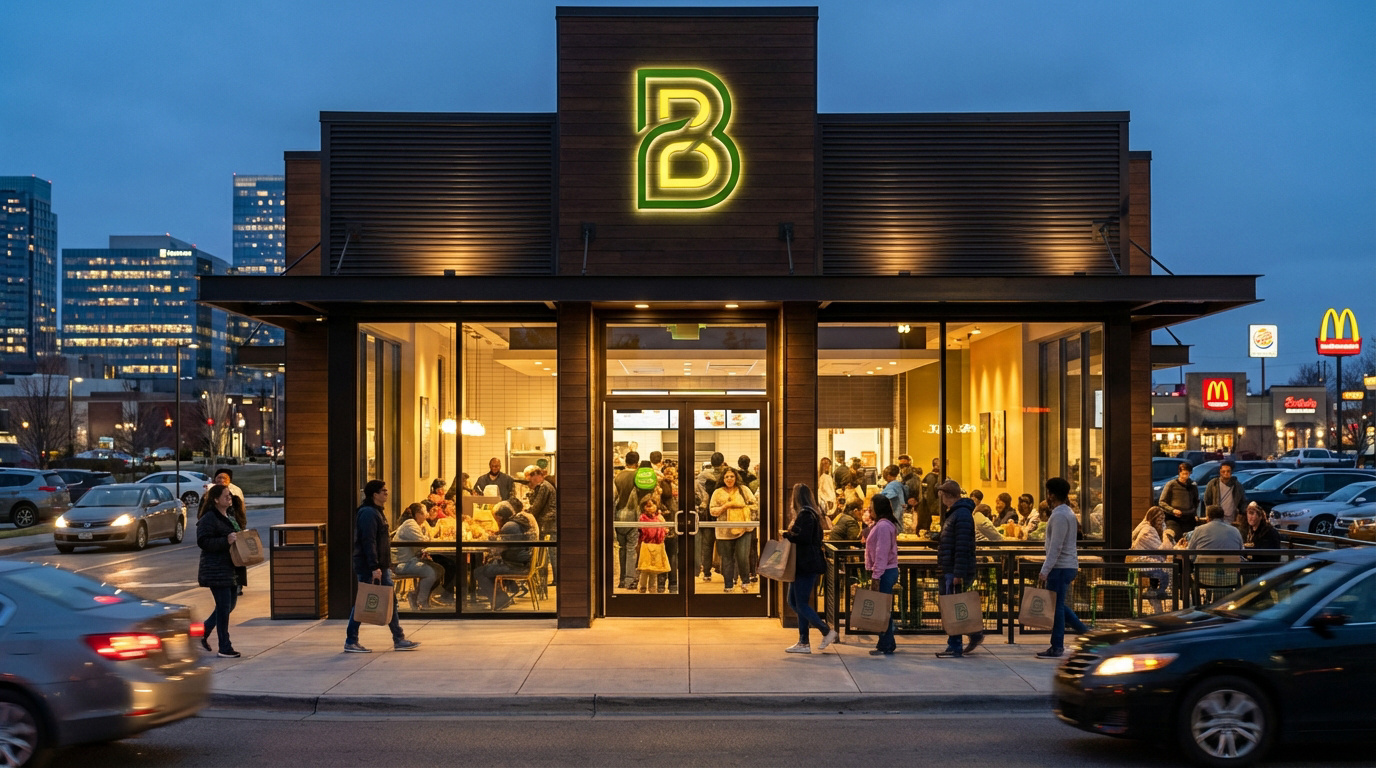 Façade d'un restaurant moderne au logo 'B' lumineux au crépuscule, avec clients à l'intérieur et passants à l'extérieur.
