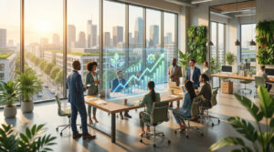 Équipe diversifiée en réunion dans un bureau moderne et lumineux. Un affichage holographique montre une croissance économique et des symboles RSE.