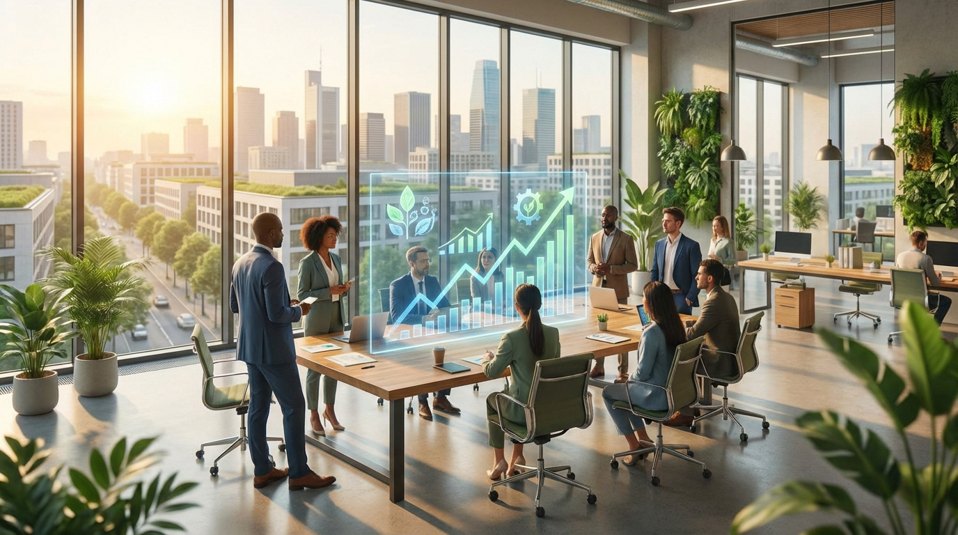 Équipe diversifiée en réunion dans un bureau moderne et lumineux. Un affichage holographique montre une croissance économique et des symboles RSE.