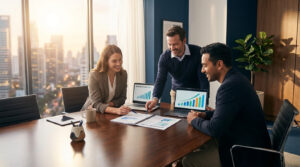 Une équipe examine des graphiques de business plan sur ordinateurs portables et documents en réunion de travail. Vue urbaine en arrière-plan.