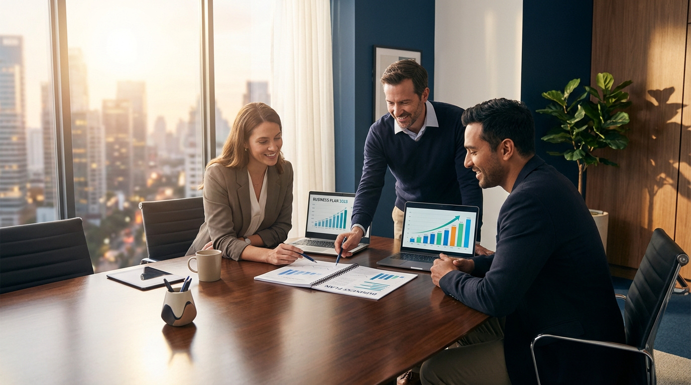 Une équipe examine des graphiques de business plan sur ordinateurs portables et documents en réunion de travail. Vue urbaine en arrière-plan.