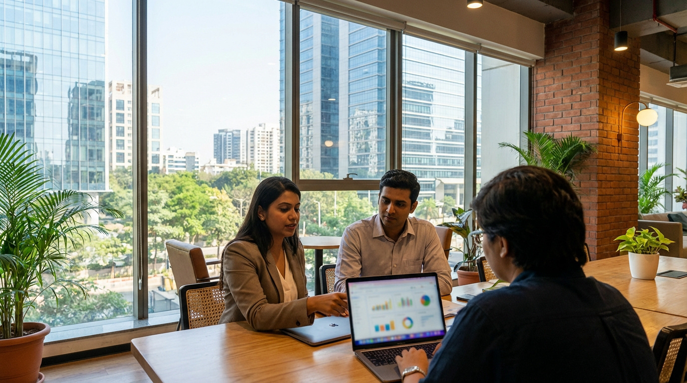 Trois personnes collaborent dans un bureau moderne avec vue sur une ville indienne. L'un analyse des données sur un ordinateur portable.