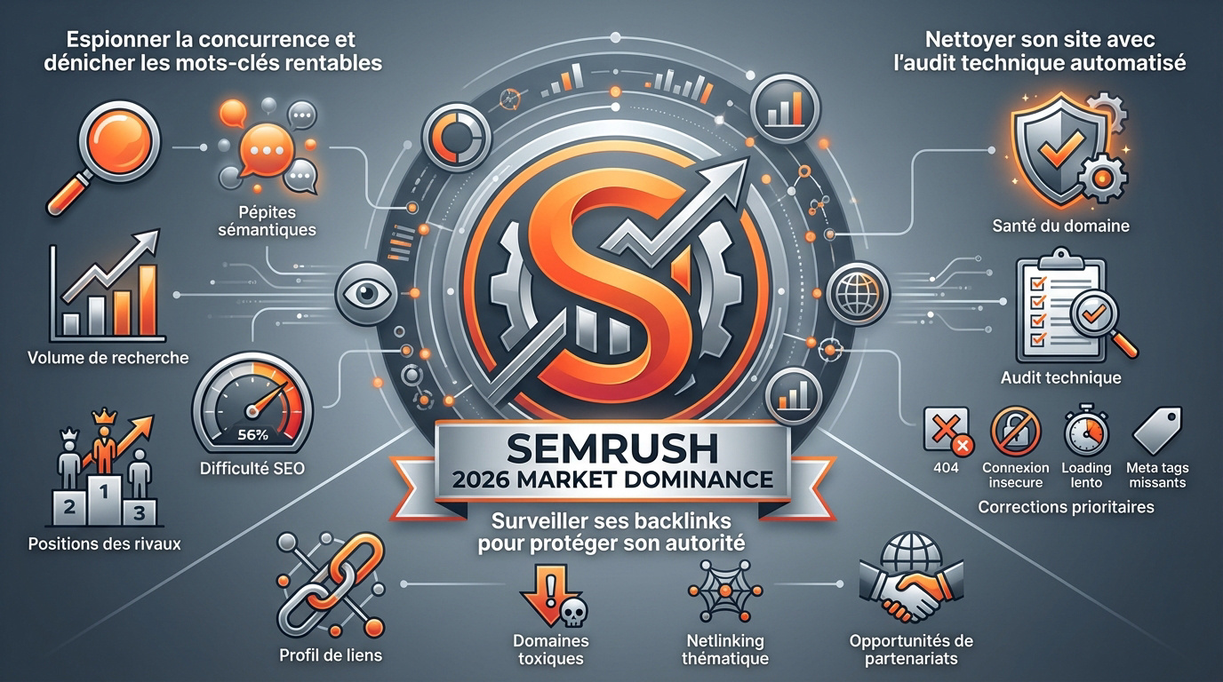 Interface de l'outil Semrush montrant la domination du marché SEO en 2026