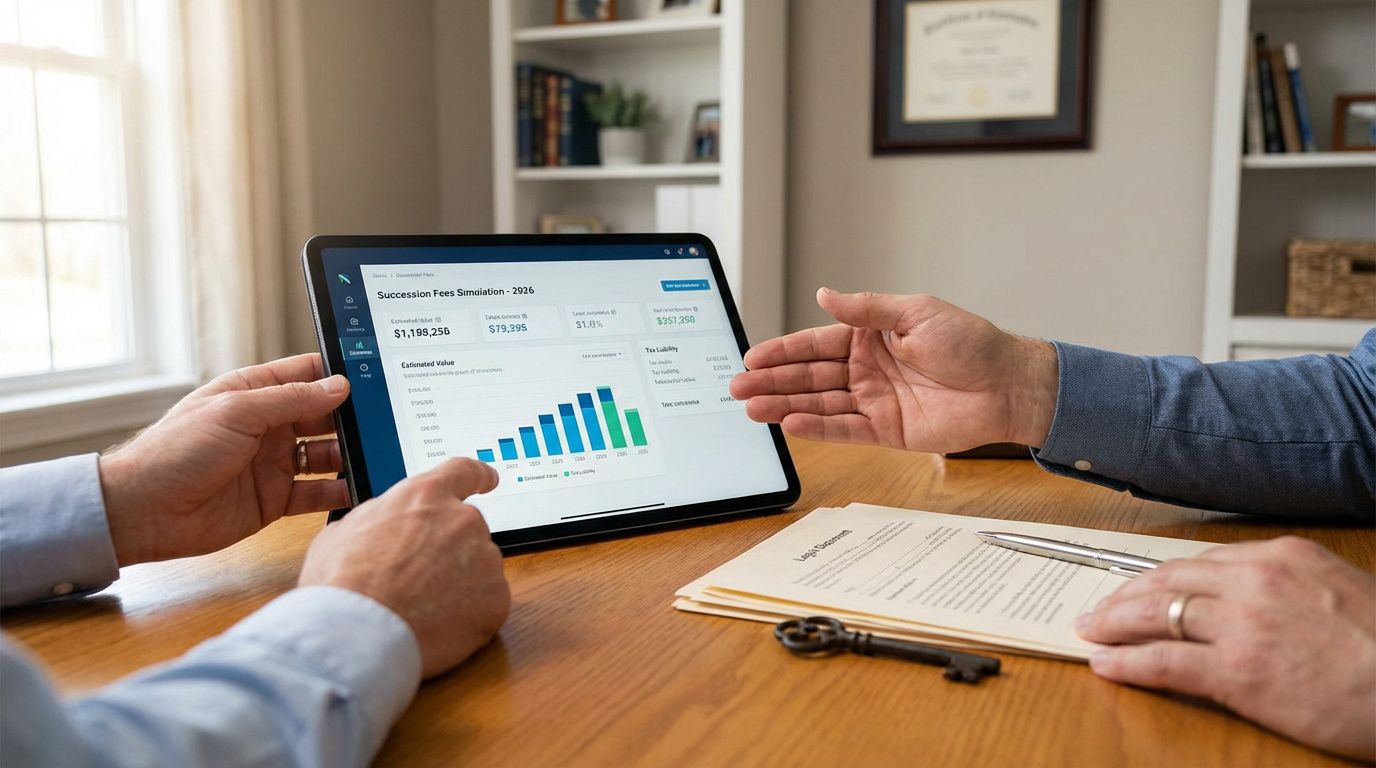 Deux personnes discutent d'une simulation de frais de succession 2026 sur tablette, avec documents légaux et clé.