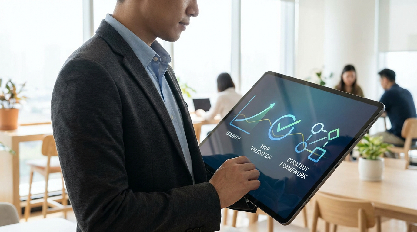 Un homme examine une tablette affichant un graphique de croissance, une validation MVP et un cadre stratégique dans un bureau moderne.