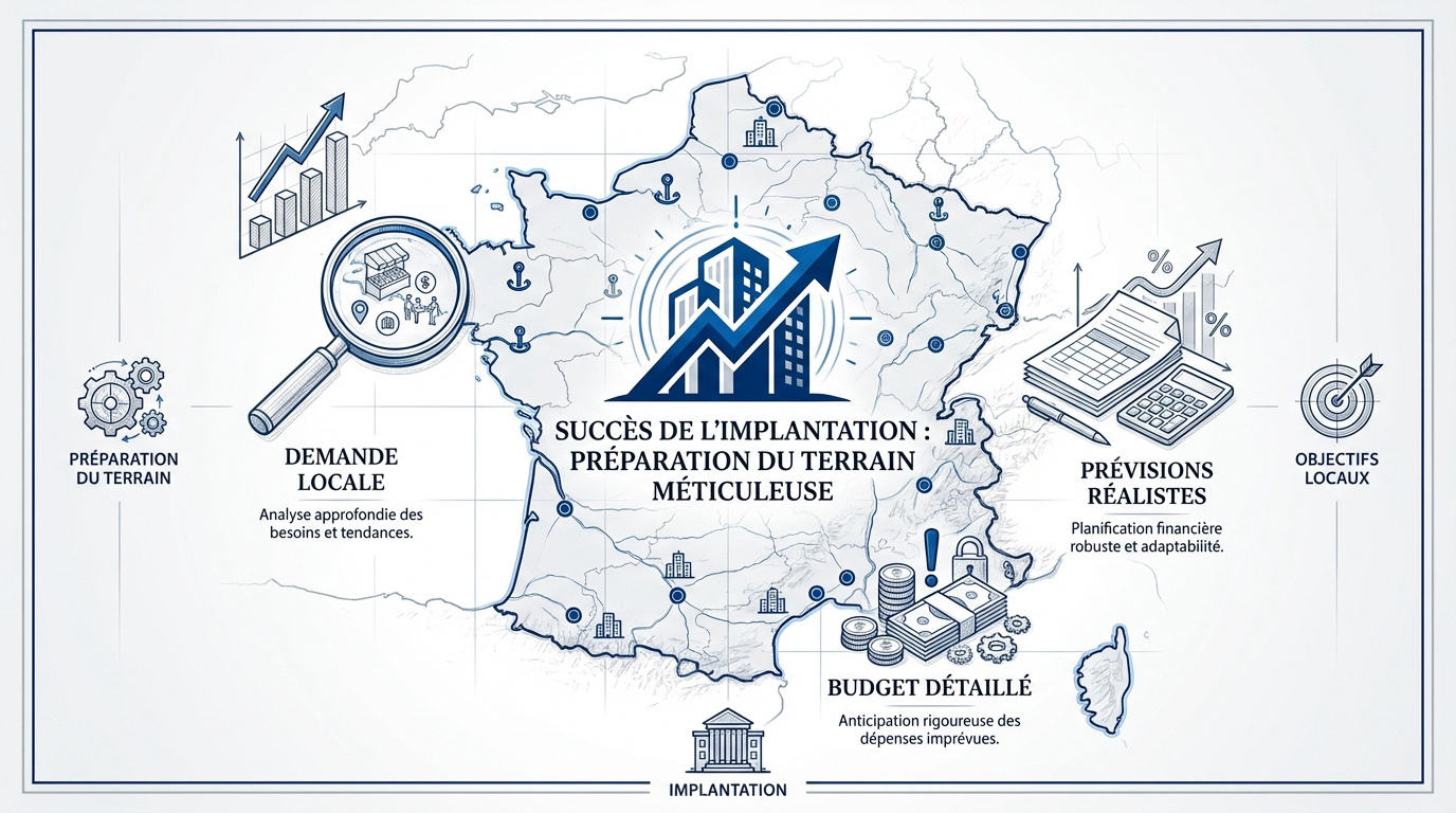 Entrepreneur préparant son implantation d'entreprise sur une carte locale