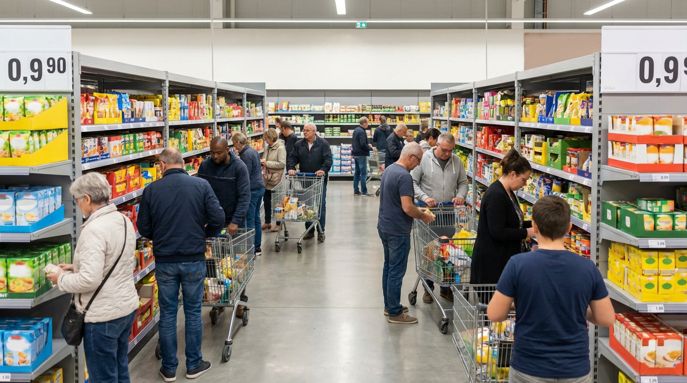 Nombreux clients remplissant leurs chariots dans un supermarché hard discount avec des étagères bien garnies et des prix bas.