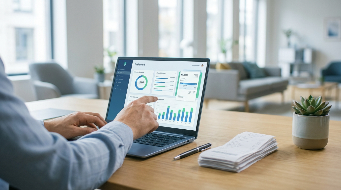 Un homme gère son activité sur un ordinateur portable affichant un tableau de bord financier, dans un bureau lumineux et moderne.