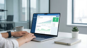 Une personne utilise un ordinateur portable affichant des graphiques de projection financière pour 2026, avec une tasse de café et une plante sur le bureau.