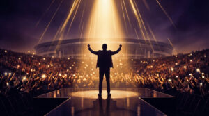 Silhouette d'un artiste triomphant sur scène, bras levés, sous un projecteur. Une foule immense et lumineuse l'acclame dans un stade.