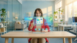 Une femme assise à un bureau, interagit avec une interface utilisateur holographique affichant des options de gestion d'entreprise dans un bureau moderne.