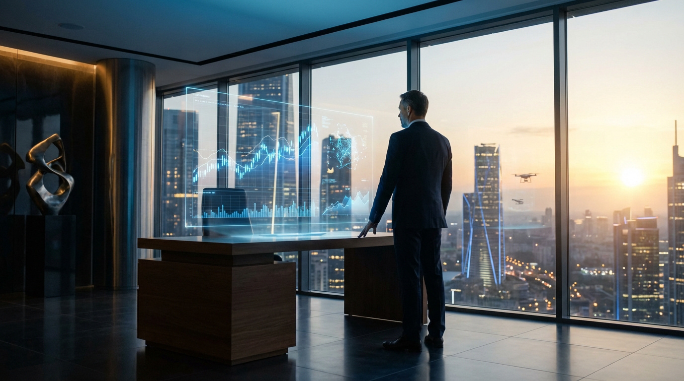 Homme en costume face à un écran holographique de données financières, vue sur une ville au coucher du soleil depuis un bureau moderne.
