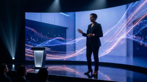 Femme conférencière en costume noir présentant sur scène devant un grand écran LED affichant des visuels tech abstraits.