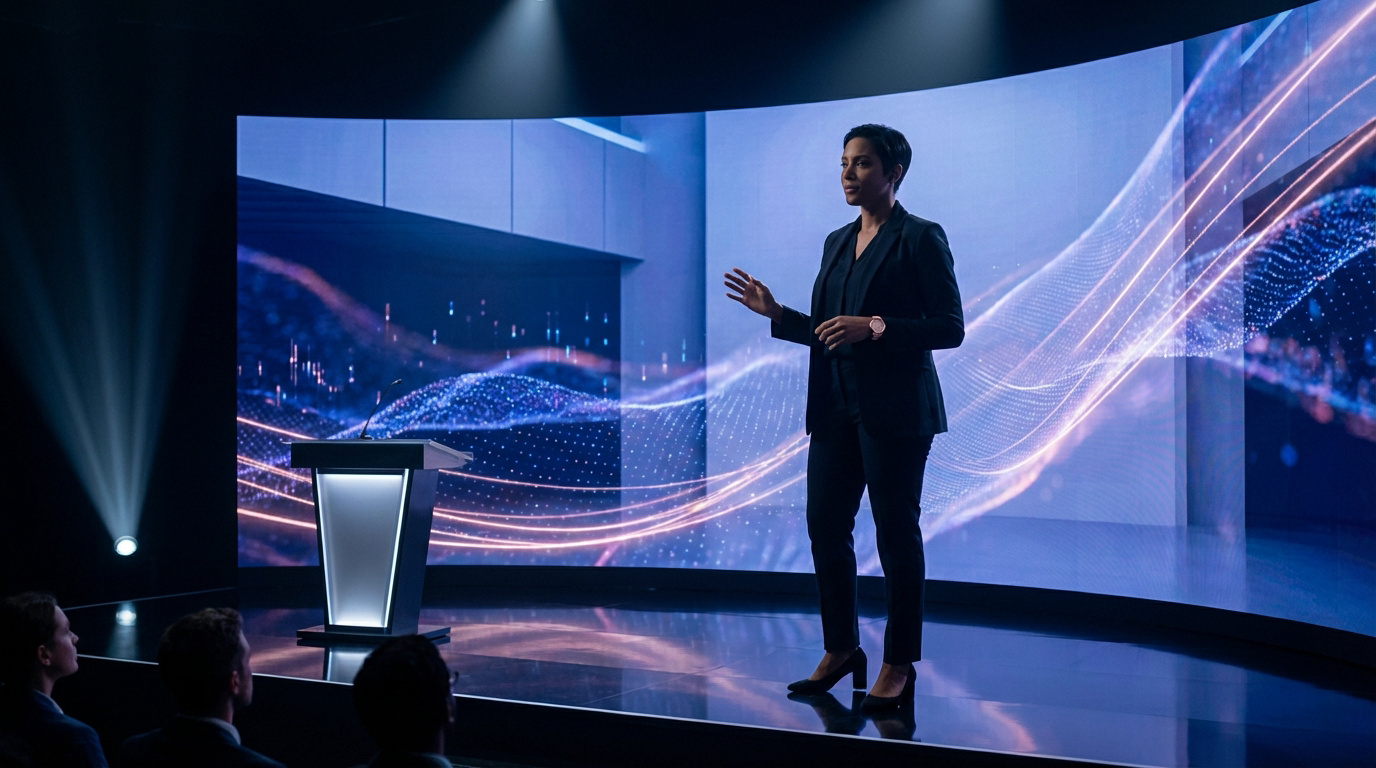 Femme conférencière en costume noir présentant sur scène devant un grand écran LED affichant des visuels tech abstraits.