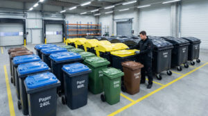 Un homme inspecte un vaste assortiment de conteneurs poubelles professionnels de diverses couleurs et tailles dans un entrepôt.