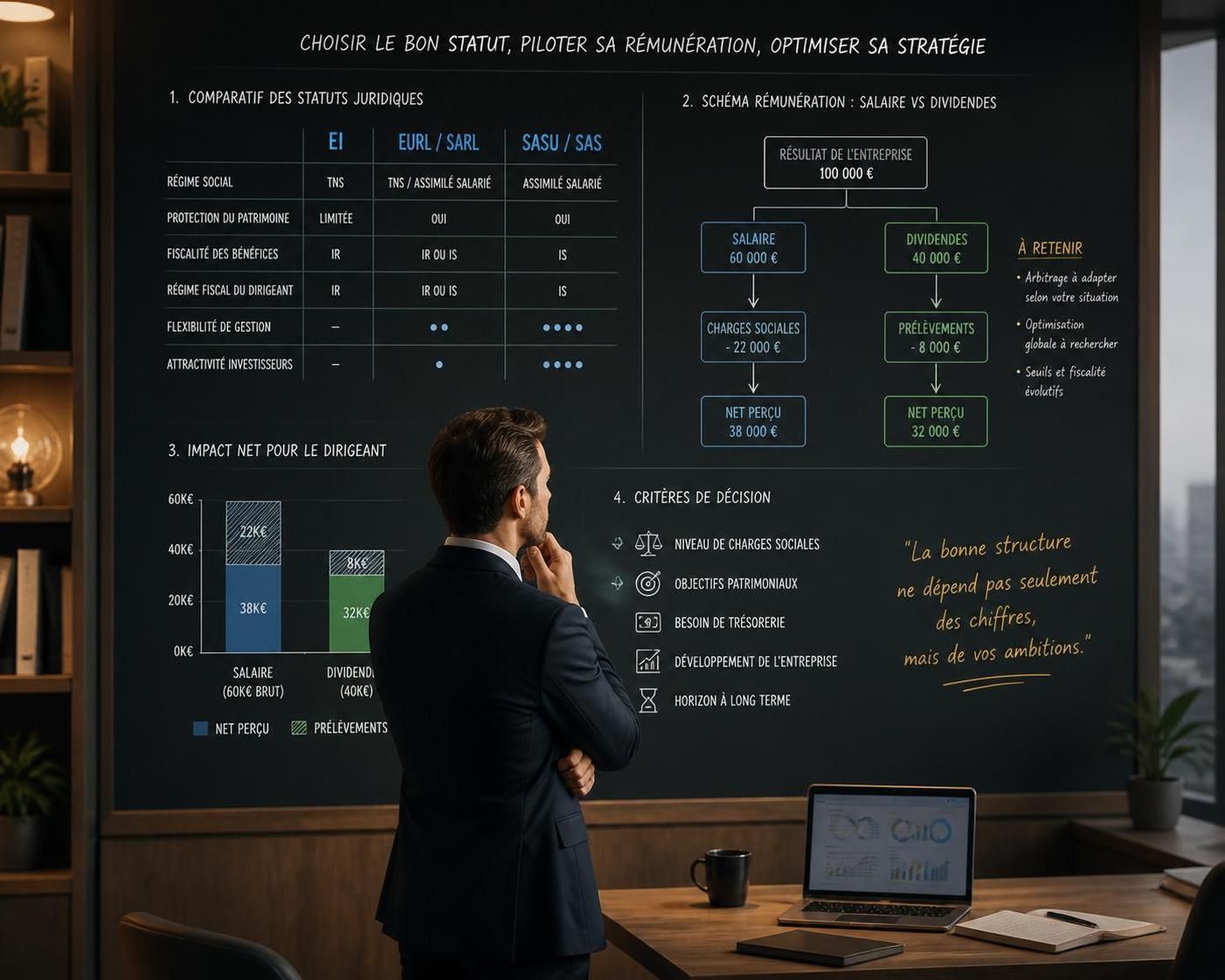 découvrez comment optimiser la rémunération d'un dirigeant en équilibrant salaire, dividendes et arbitrage des charges pour une gestion financière efficace.