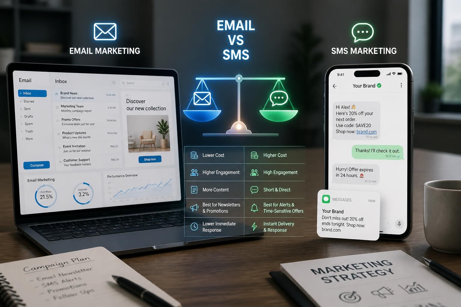 découvrez les avantages de l'email marketing et du sms marketing pour votre activité et découvrez quel canal génère le meilleur taux de conversion.